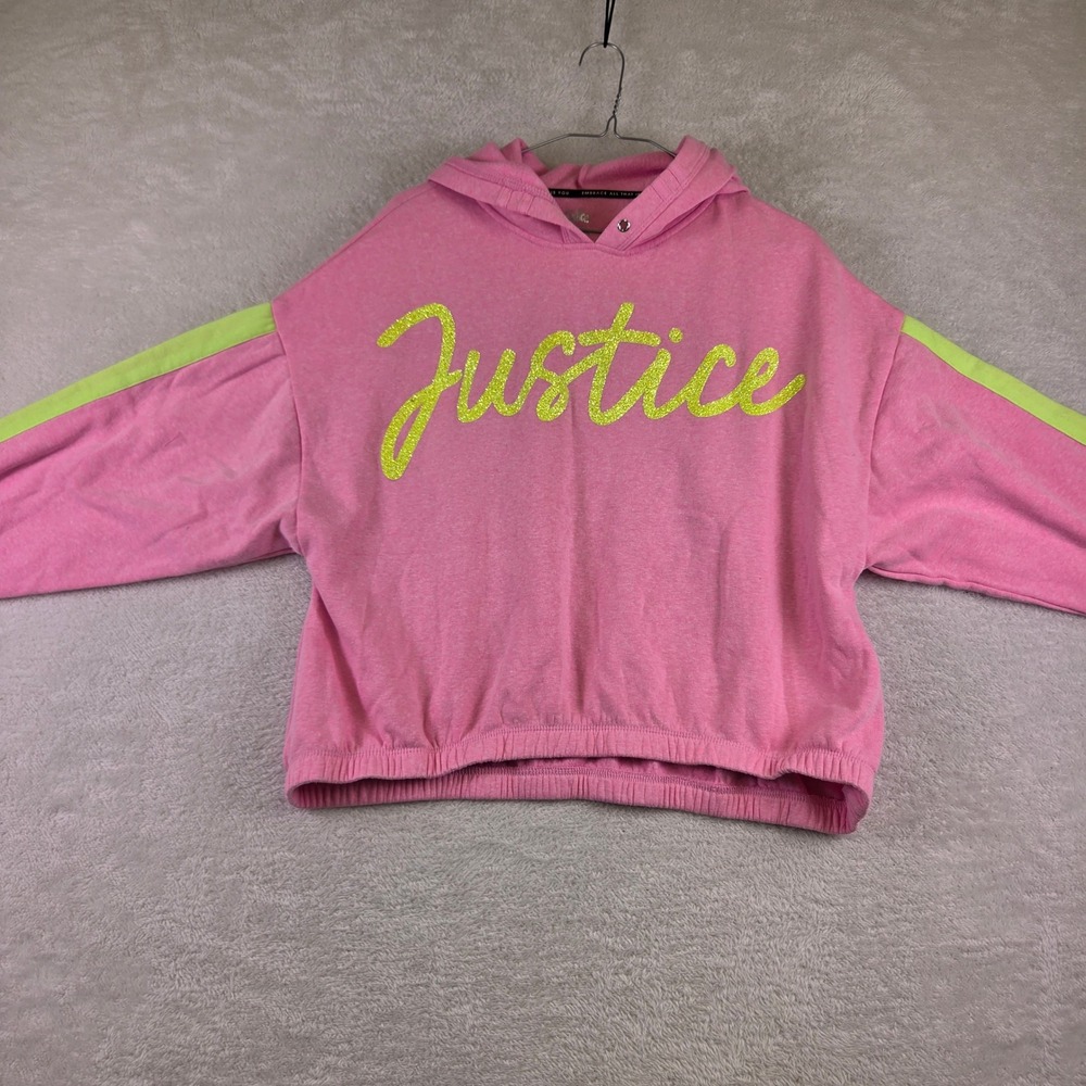 Justice Girls Pink Hoodie XL Plus 16P/18P Yellow Glitter Logo Neon Stripe